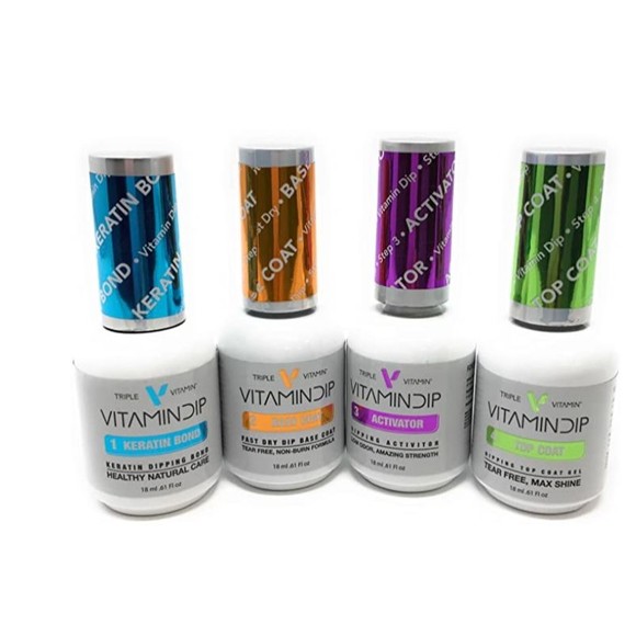 Triple Vitamin Dip Liquid Nail Dip Powder 4 Bottles Bond Gel Base Activator Top - Picture 2 of 2